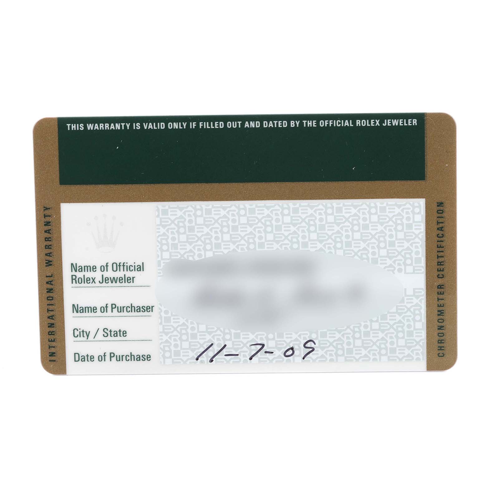 This image shows a warranty card for the Rolex President 118208 Men's Yellow Gold Mother of Pearl Dial 118208 Men's Yellow Gold Mother of Pearl Dial model, detailing the purchase information and certification.