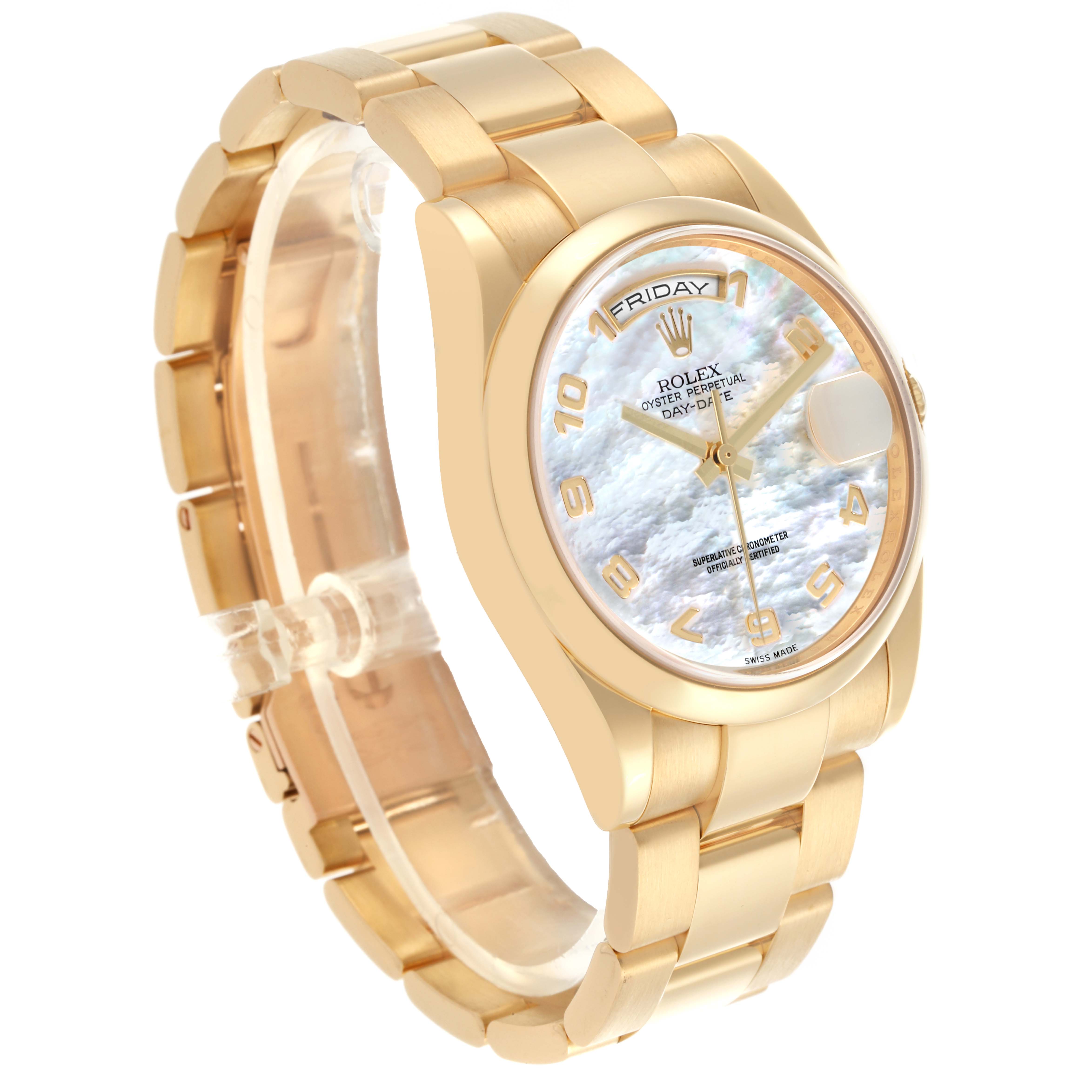 The Rolex President 118208 Men's Yellow Gold Mother of Pearl Dial 118208 Men's Yellow Gold Mother of Pearl Dial watch is shown at a slight angle with visible face, bezel, and part of the band.