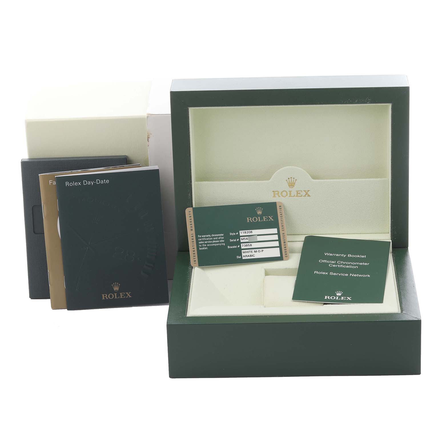 The image shows a Rolex President 118208 Men's Yellow Gold Mother of Pearl Dial 118208 Men's Yellow Gold Mother of Pearl Dial model watch box, warranty booklet, card, and manuals from a frontal angle.