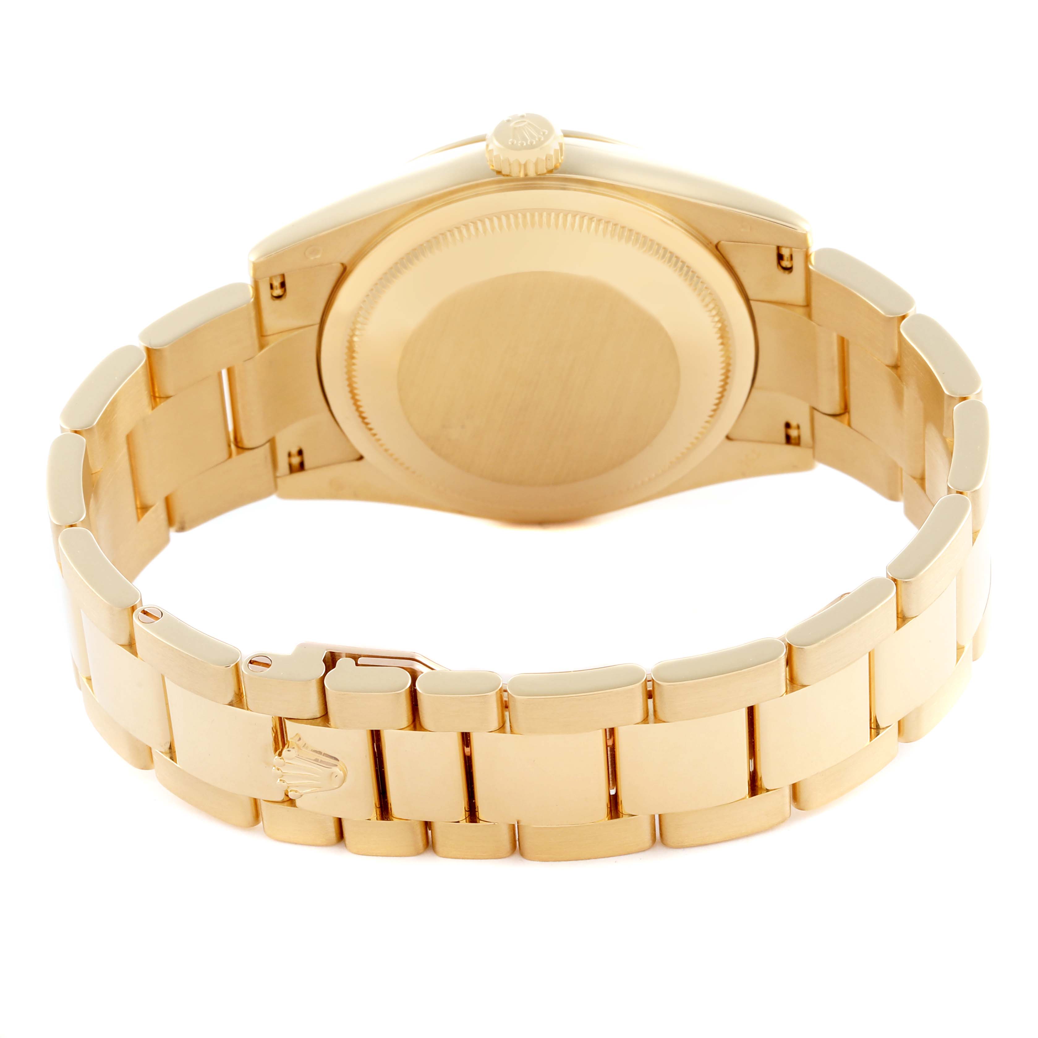 The image shows the back view and bracelet of the Rolex President 118208 Men's Yellow Gold Mother of Pearl Dial 118208 Men's Yellow Gold Mother of Pearl Dial model watch.