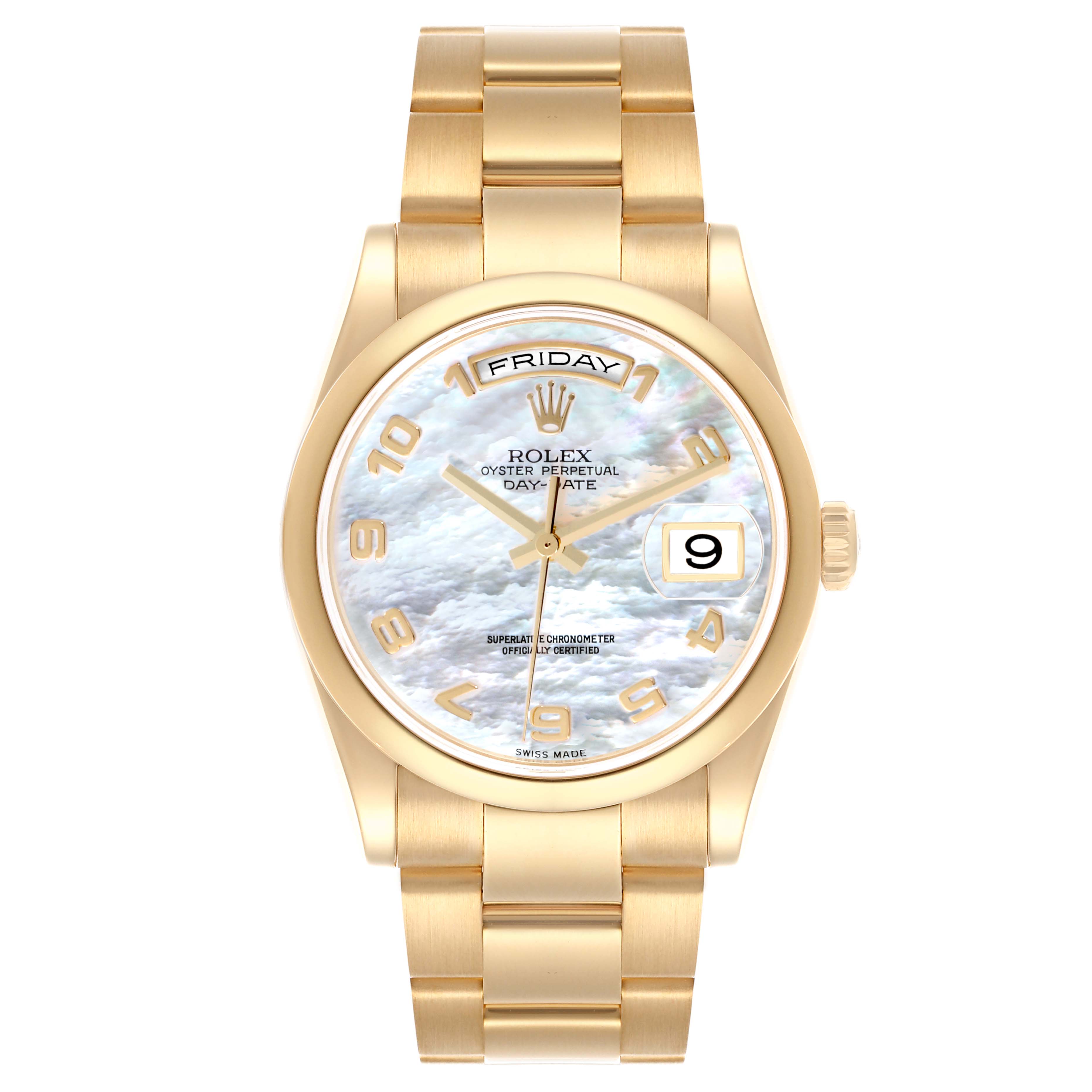 The Rolex President 118208 Men's Yellow Gold Mother of Pearl Dial 118208 Men's Yellow Gold Mother of Pearl Dial watch is shown from the front, displaying the dial, bezel, bracelet, and day-date windows.