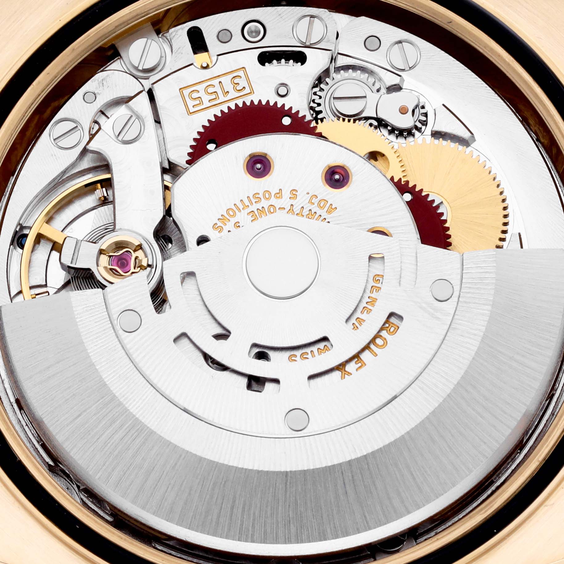 This image shows the movement mechanism of a Rolex President 118208 Men's Yellow Gold Mother of Pearl Dial 118208 Men's Yellow Gold Mother of Pearl Dial model watch, with gears and rotors visible.