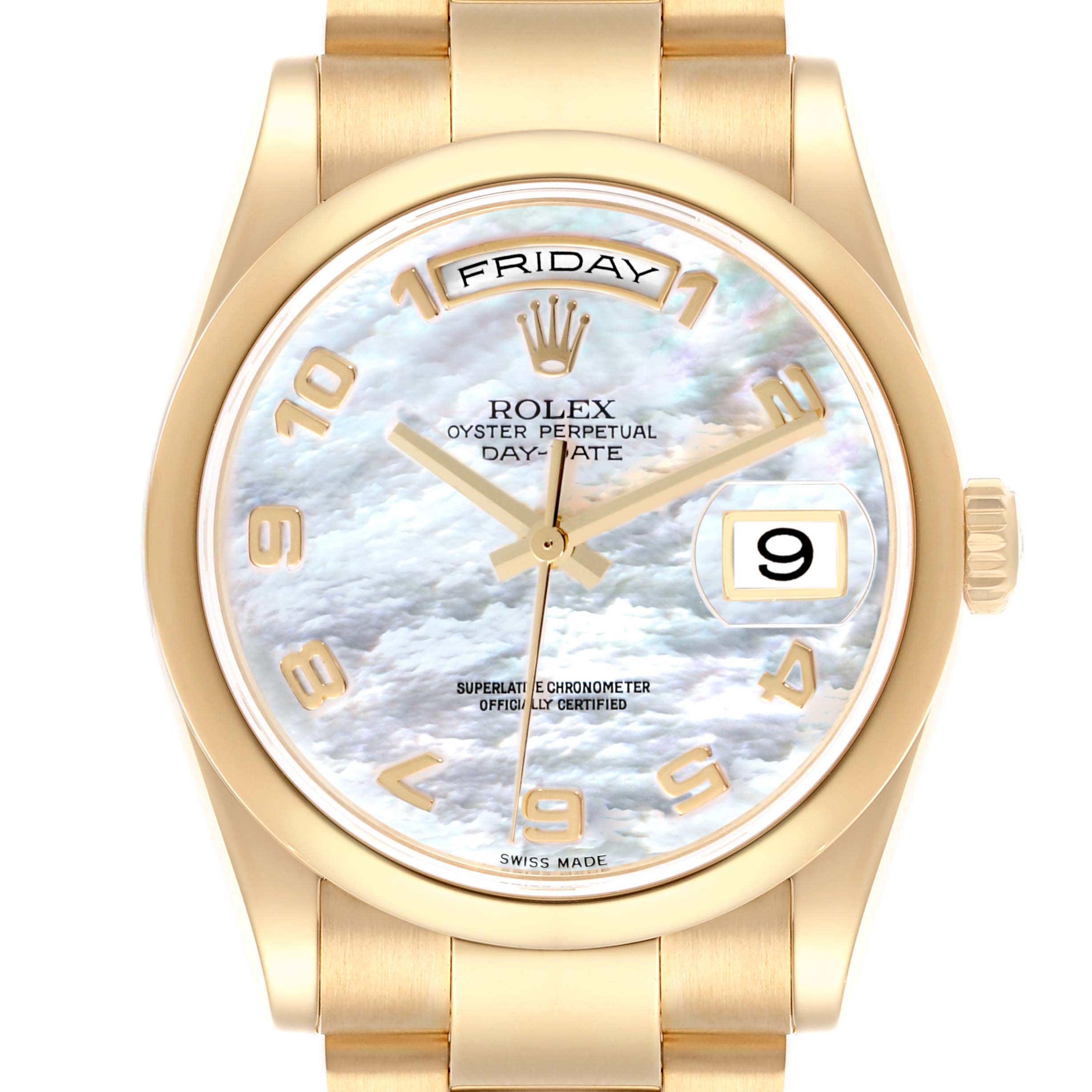 The Rolex President 118208 Men's Yellow Gold Mother of Pearl Dial 118208 Men's Yellow Gold Mother of Pearl Dial model watch is shown from a front angle, displaying the dial, crown, and part of the bracelet.