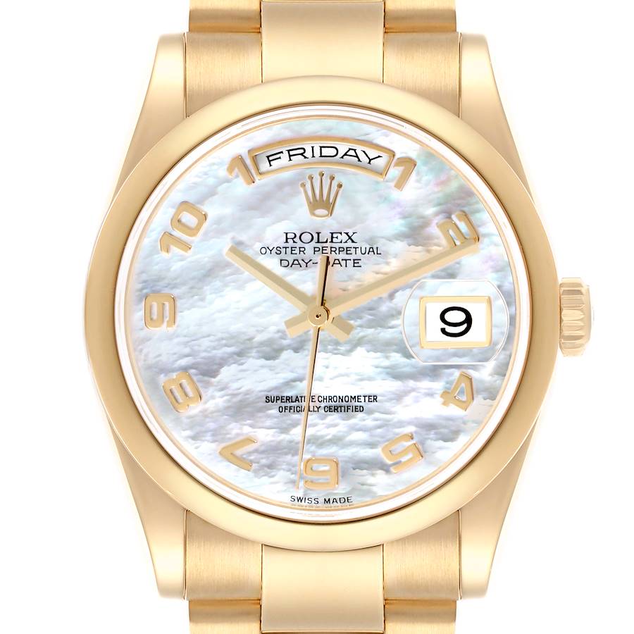 The Rolex President 118208 Men's Yellow Gold Mother of Pearl Dial 118208 Men's Yellow Gold Mother of Pearl Dial model watch is shown from a front angle, displaying the dial, crown, and part of the bracelet.