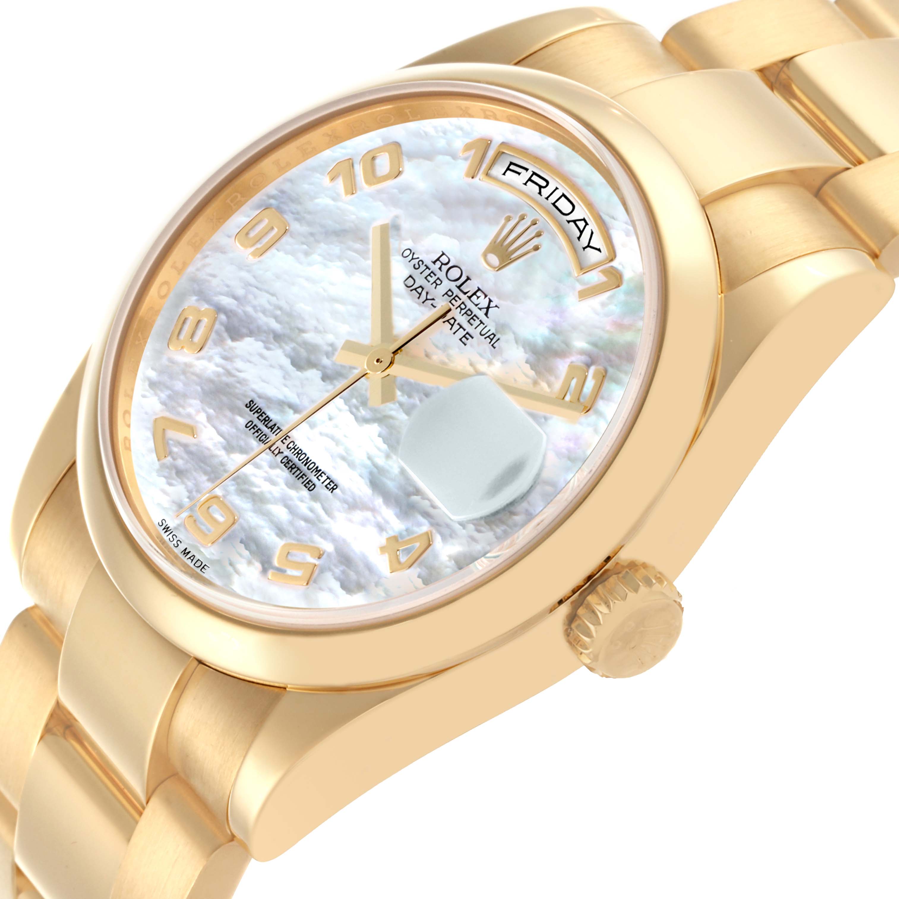 The Rolex President 118208 Men's Yellow Gold Mother of Pearl Dial 118208 Men's Yellow Gold Mother of Pearl Dial model is shown at an angled view highlighting the face, date, and gold bracelet.