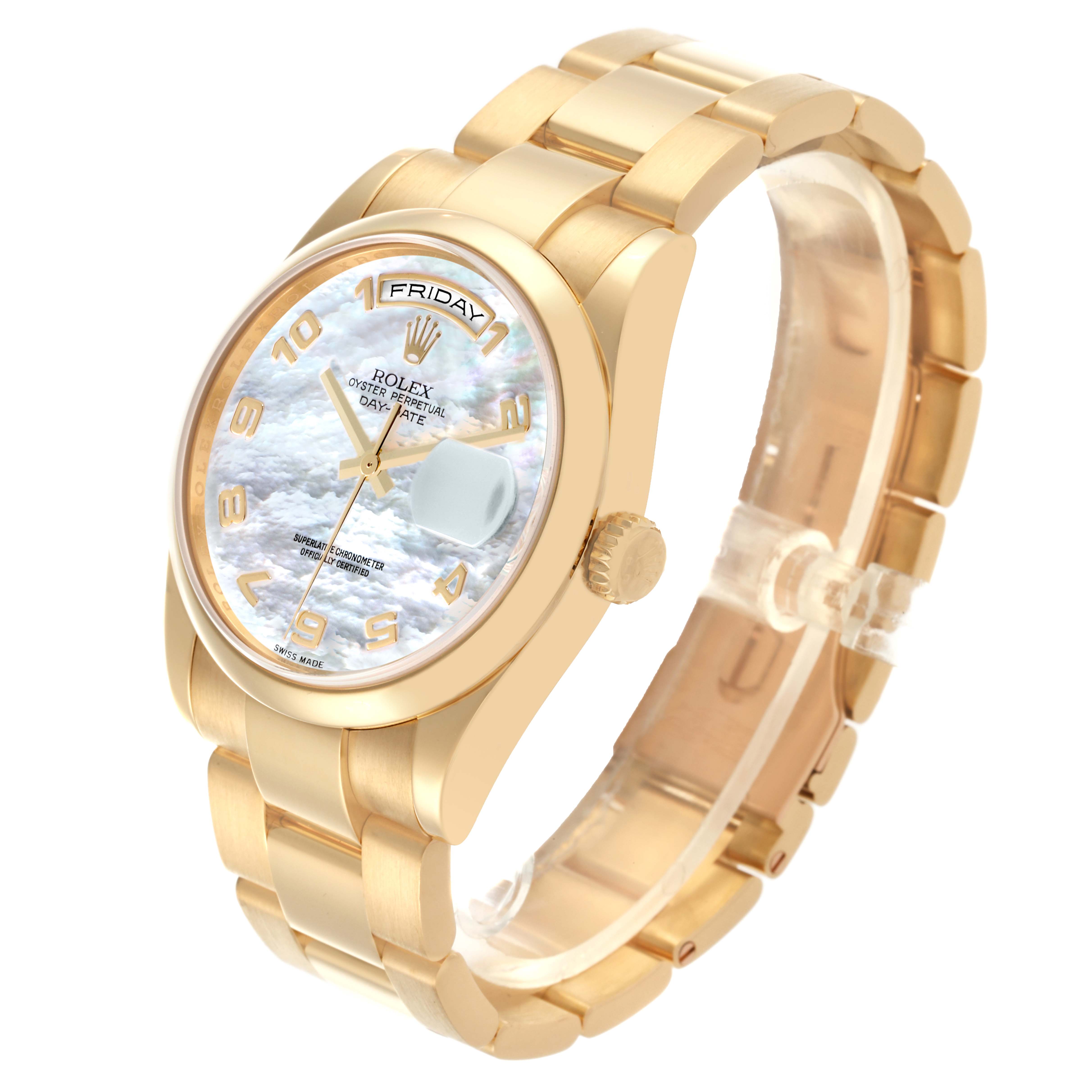 The Rolex President 118208 Men's Yellow Gold Mother of Pearl Dial 118208 Men's Yellow Gold Mother of Pearl Dial model is shown at an angle highlighting the face, crown, and part of the bracelet.