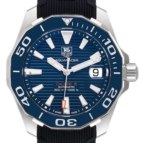 The image shows a front view of the Tag Heuer Aquaracer WAY211C-1 Men's Stainless Steel Blue Dial WAY211C-1 Men's Stainless Steel Blue Dial watch, highlighting its blue dial, bezel, and date window at 3 o'clock.