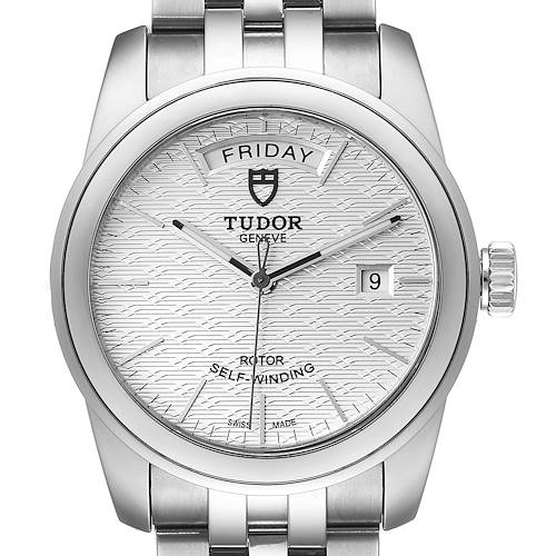 The image shows the front view of the Tudor Glamour M56000-0008 Men's Stainless Steel Silver Dial M56000-0008 Men's Stainless Steel Silver Dial watch, highlighting its dial, case, crown, and part of the bracelet.
