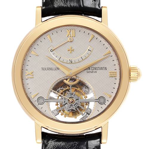 The image shows a frontal view of the Vacheron Constantin Patrimony 30050/000J-7604 Men's Yellow Gold White Dial 30050/000J-7604 Men's Yellow Gold White Dial watch, highlighting the dial and tourbillon.