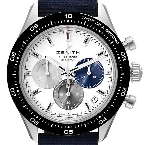 The image shows a front view of the Zenith Chronomaster 03.3100.3600 Men's Stainless Steel White Dial 03.3100.3600 Men's Stainless Steel White Dial watch, highlighting the dial, subdials, bezel, and crown.