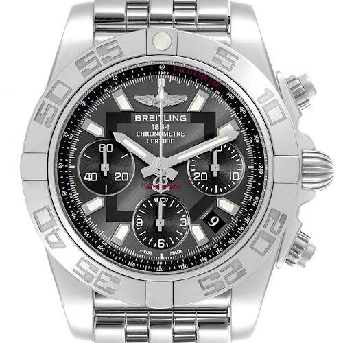 The Breitling Chronomat AB0140 Men's Stainless Steel Grey Dial AB0140 Men's Stainless Steel Grey Dial watch is shown from a front angle, highlighting the dial, bezel, and part of the bracelet.