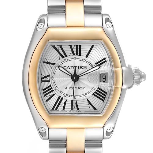 The Cartier Roadster W62031Y4 Men's Steel and Gold (two tone) Silver Dial W62031Y4 Men's Steel and Gold (two tone) Silver Dial watch is shown from the front, highlighting the face, bezel, bracelet, and crown.
