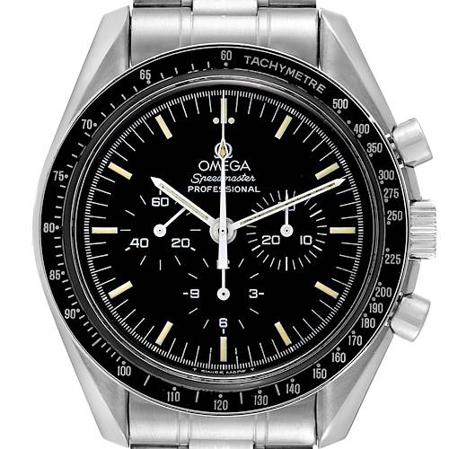 The Omega Speedmaster 3592.50.00 Men's Stainless Steel Black Dial 3592.50.00 Men's Stainless Steel Black Dial watch is shown from a front view, highlighting its dial, tachymeter bezel, and chronograph pushers.