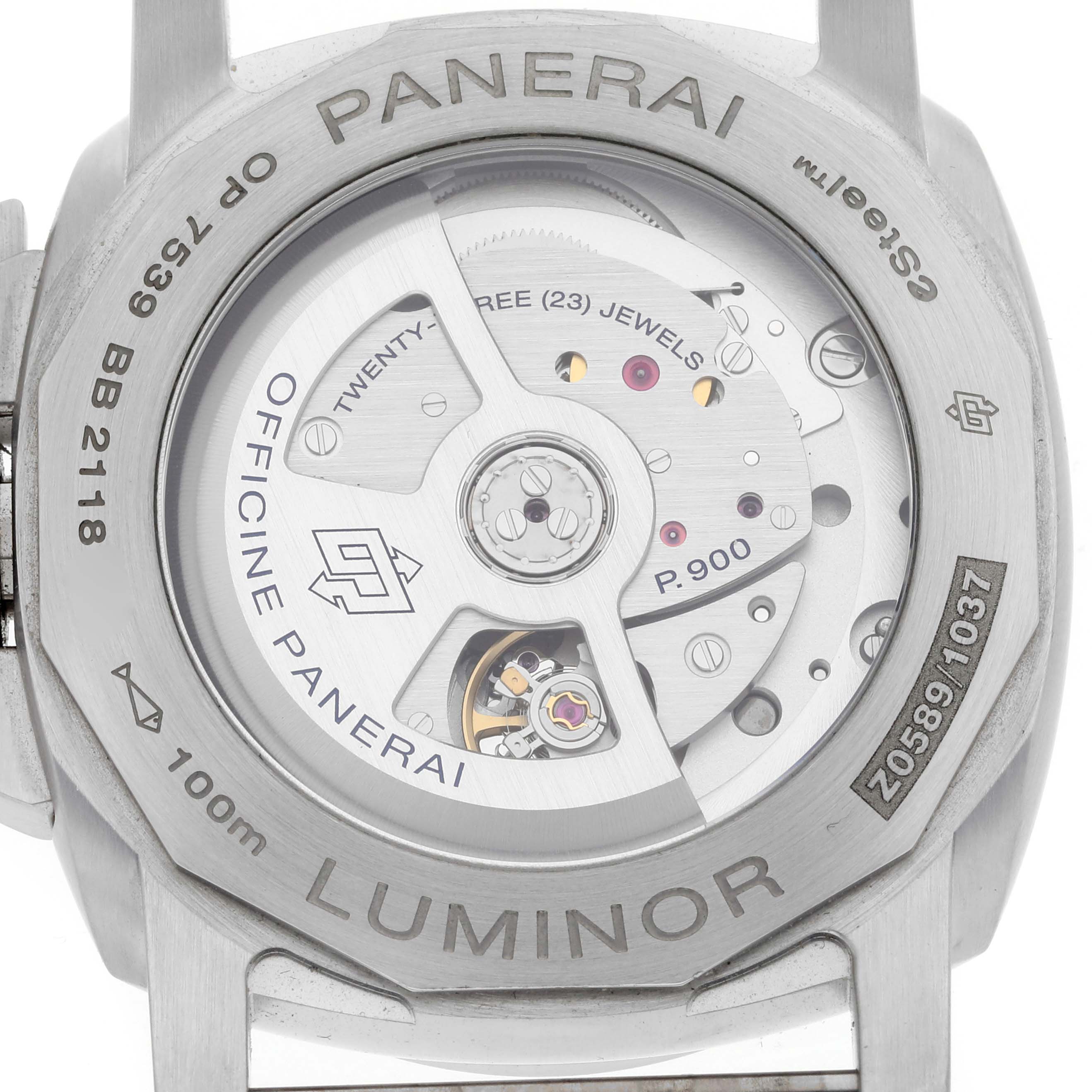 The image shows the back view of a Panerai Luminor PAM01404 Men's Stainless Steel Blue Dial PAM01404 Men's Stainless Steel Blue Dial watch, highlighting the movement and case details.