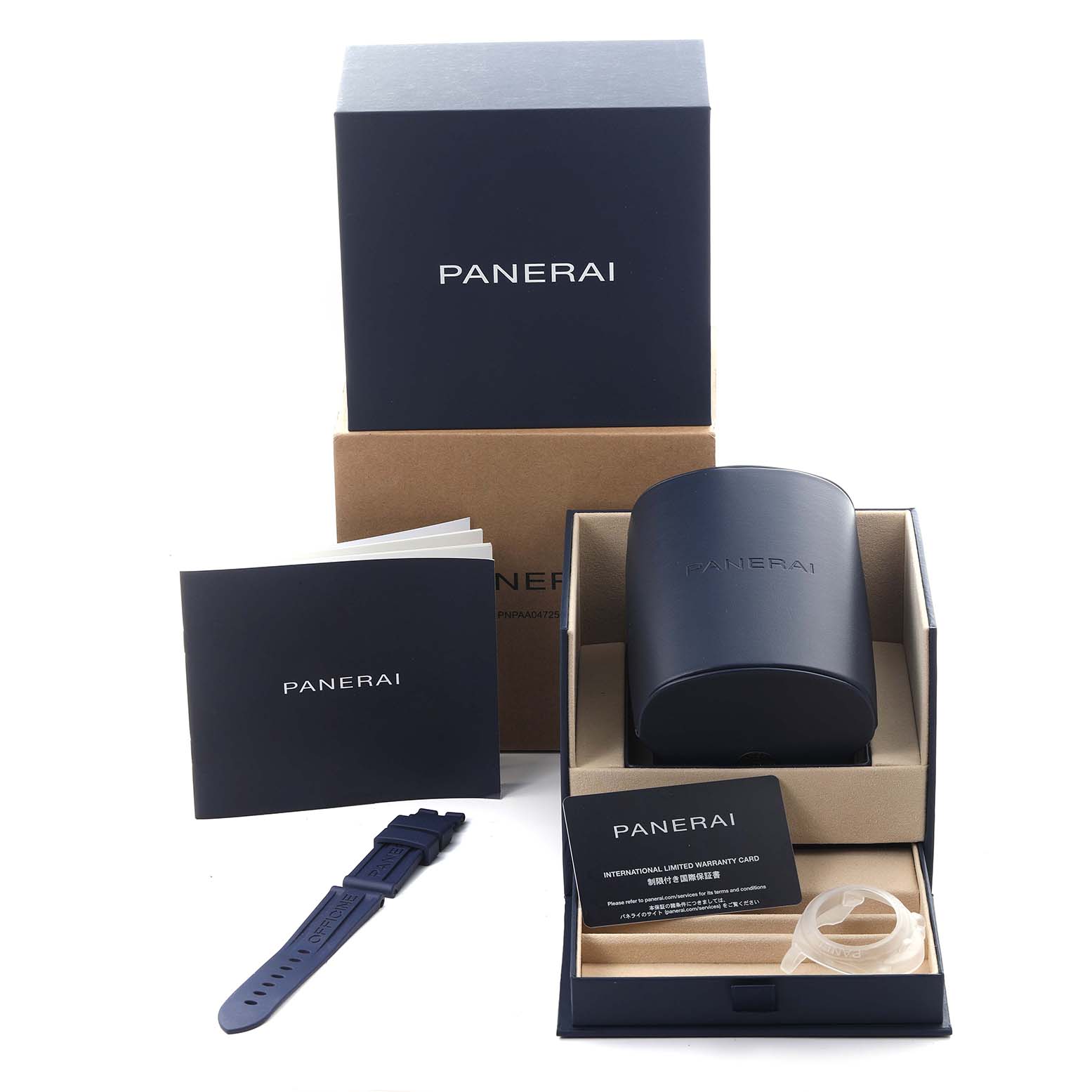 The image shows Panerai Luminor PAM01404 Men's Stainless Steel Blue Dial PAM01404 Men's Stainless Steel Blue Dial packaging, including a case, extra strap, warranty card, and documents from a top angle.