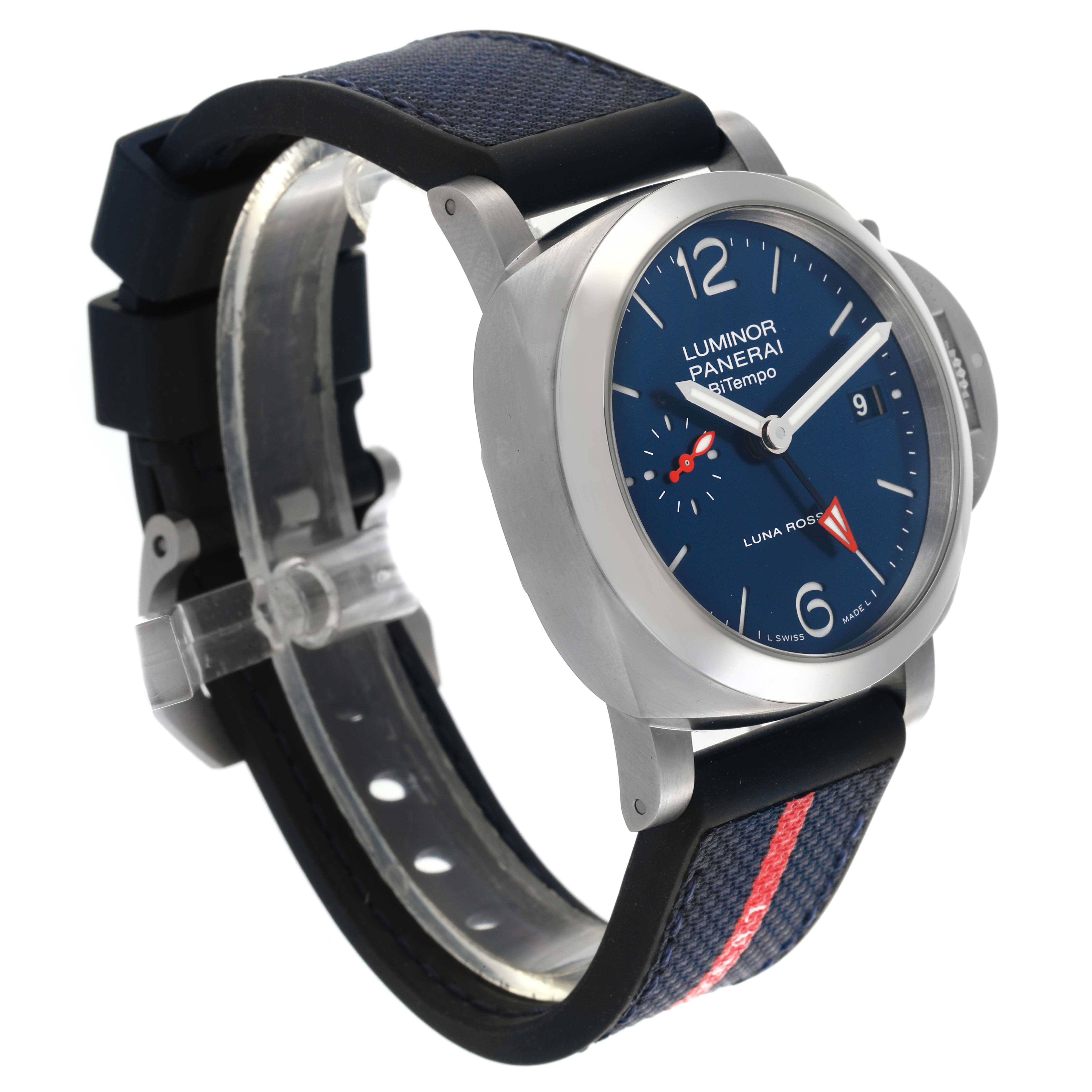 The Panerai Luminor PAM01404 Men's Stainless Steel Blue Dial PAM01404 Men's Stainless Steel Blue Dial model is shown from a three-quarter angle, displaying the face, crown guard, and strap details.