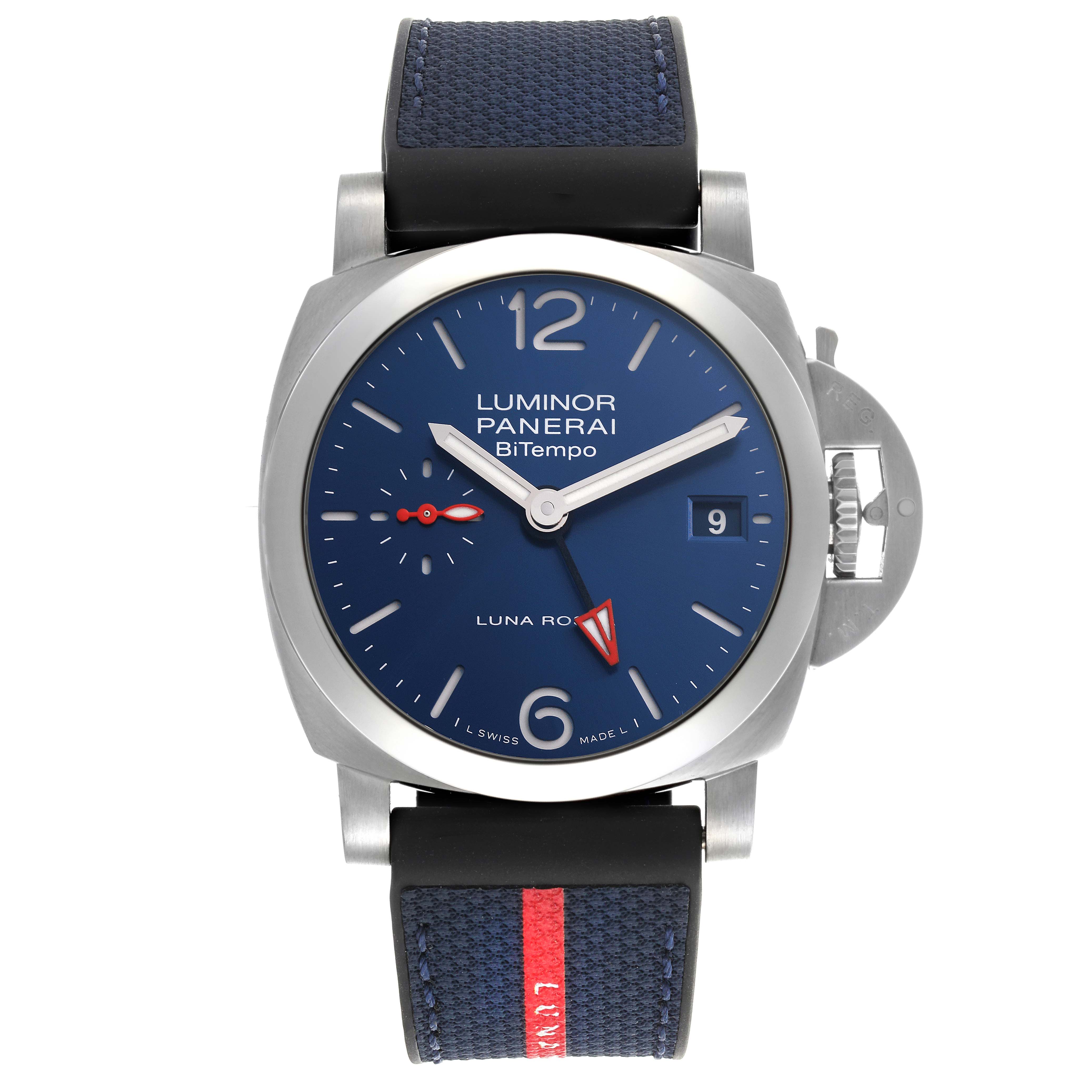 The Panerai Luminor PAM01404 Men's Stainless Steel Blue Dial PAM01404 Men's Stainless Steel Blue Dial watch is shown from a front angle, highlighting its blue dial, date display, and crown guard.