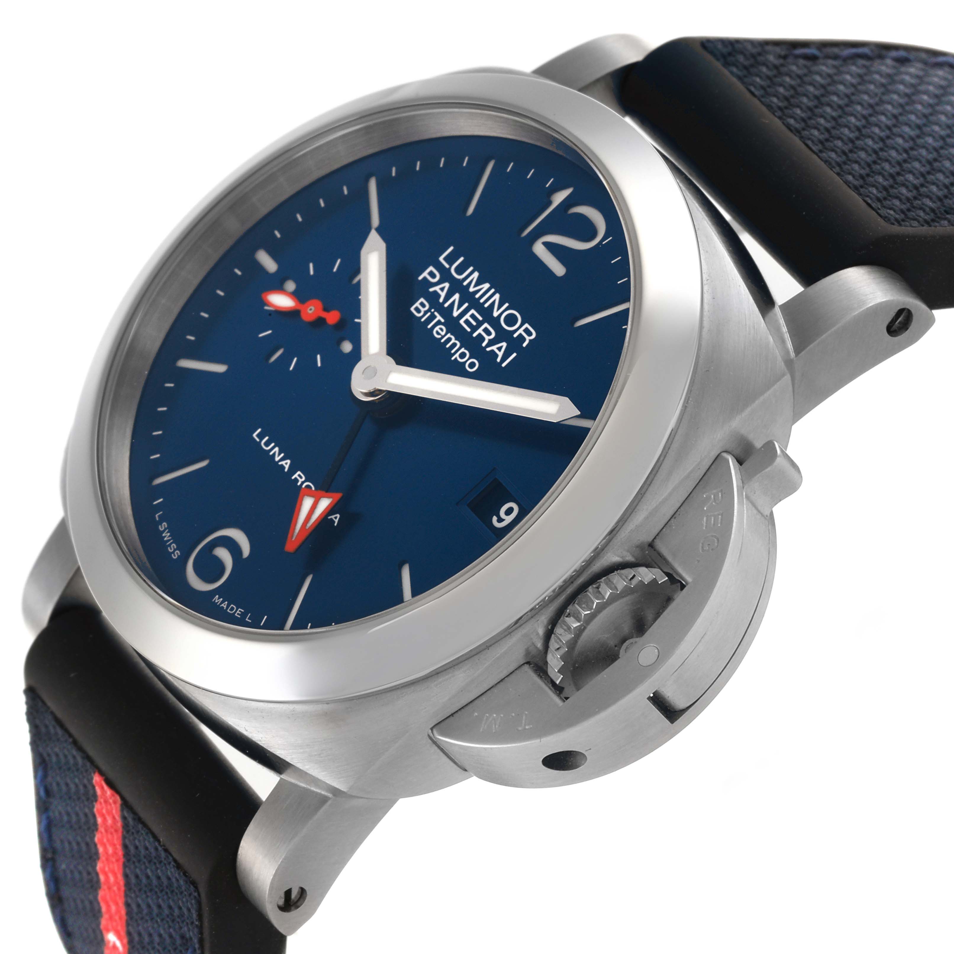 The Panerai Luminor PAM01404 Men's Stainless Steel Blue Dial PAM01404 Men's Stainless Steel Blue Dial watch is shown at an angled side view, highlighting the crown guard and blue dial.