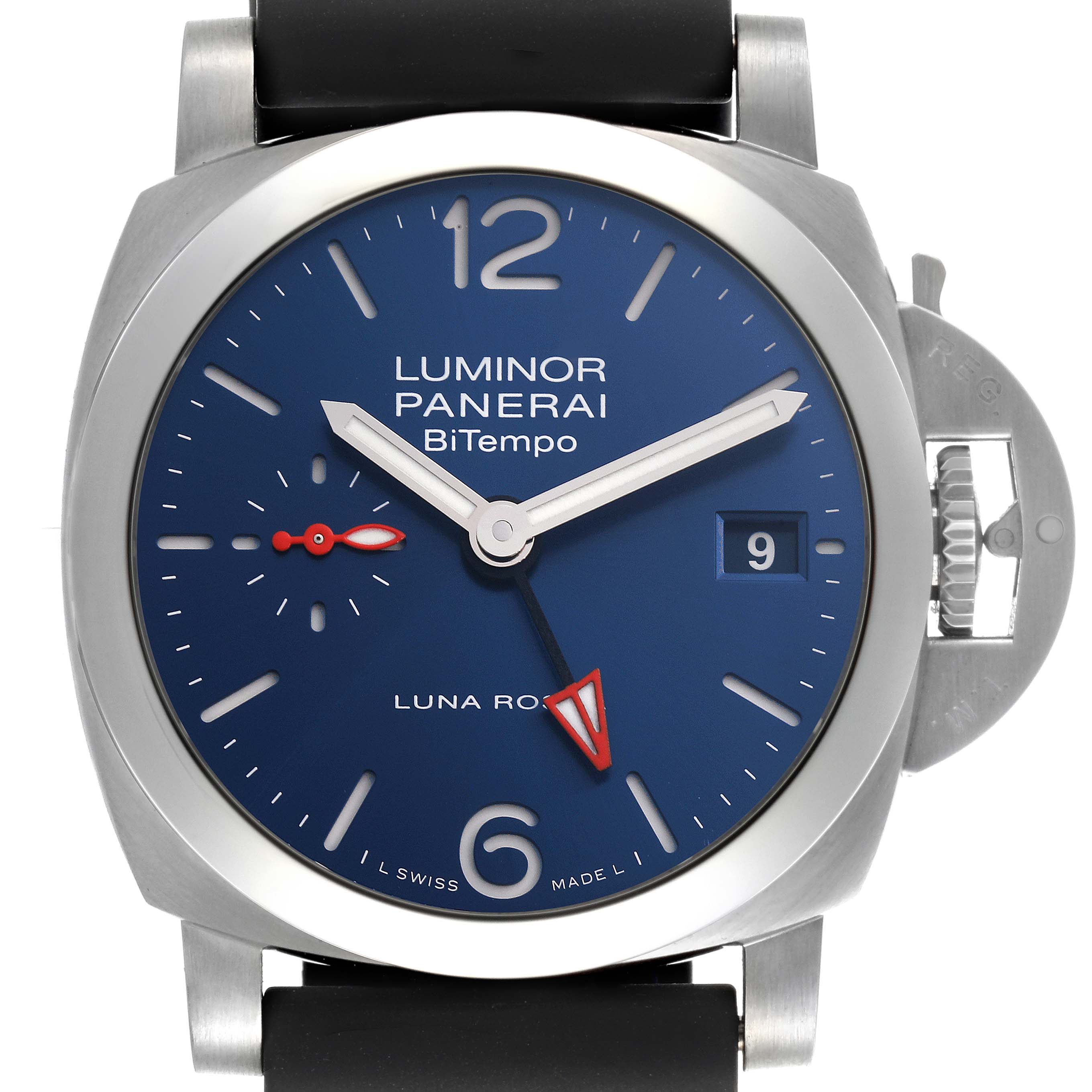 The Panerai Luminor PAM01404 Men's Stainless Steel Blue Dial PAM01404 Men's Stainless Steel Blue Dial watch is shown from the front, displaying the dial, hands, date window, and crown guard.