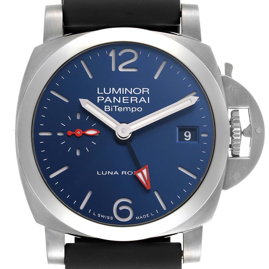 The Panerai Luminor PAM01404 Men's Stainless Steel Blue Dial PAM01404 Men's Stainless Steel Blue Dial watch is shown from the front, displaying the dial, hands, date window, and crown guard.