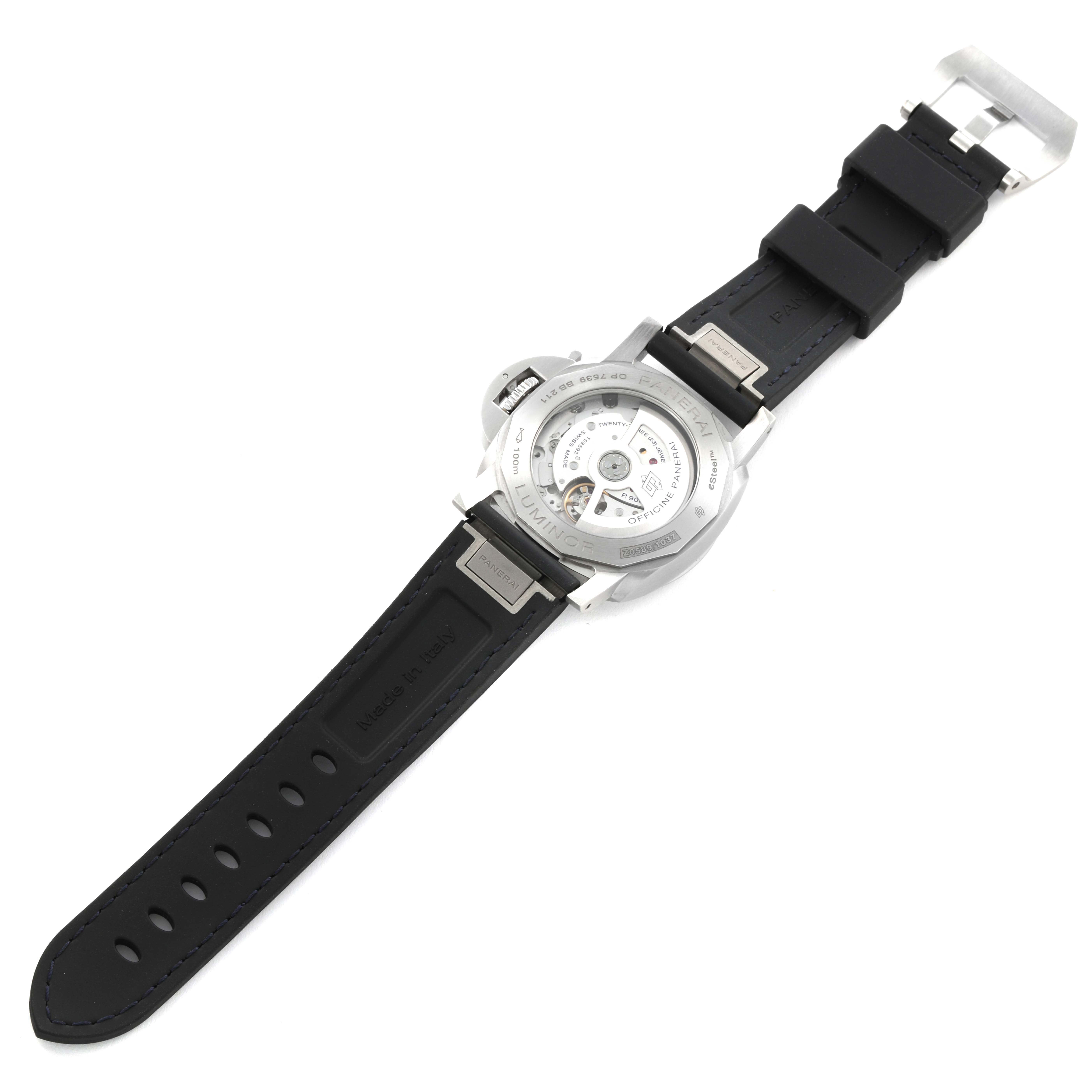 The image shows the back of a Panerai Luminor PAM01404 Men's Stainless Steel Blue Dial PAM01404 Men's Stainless Steel Blue Dial watch, highlighting its open case back and strap.