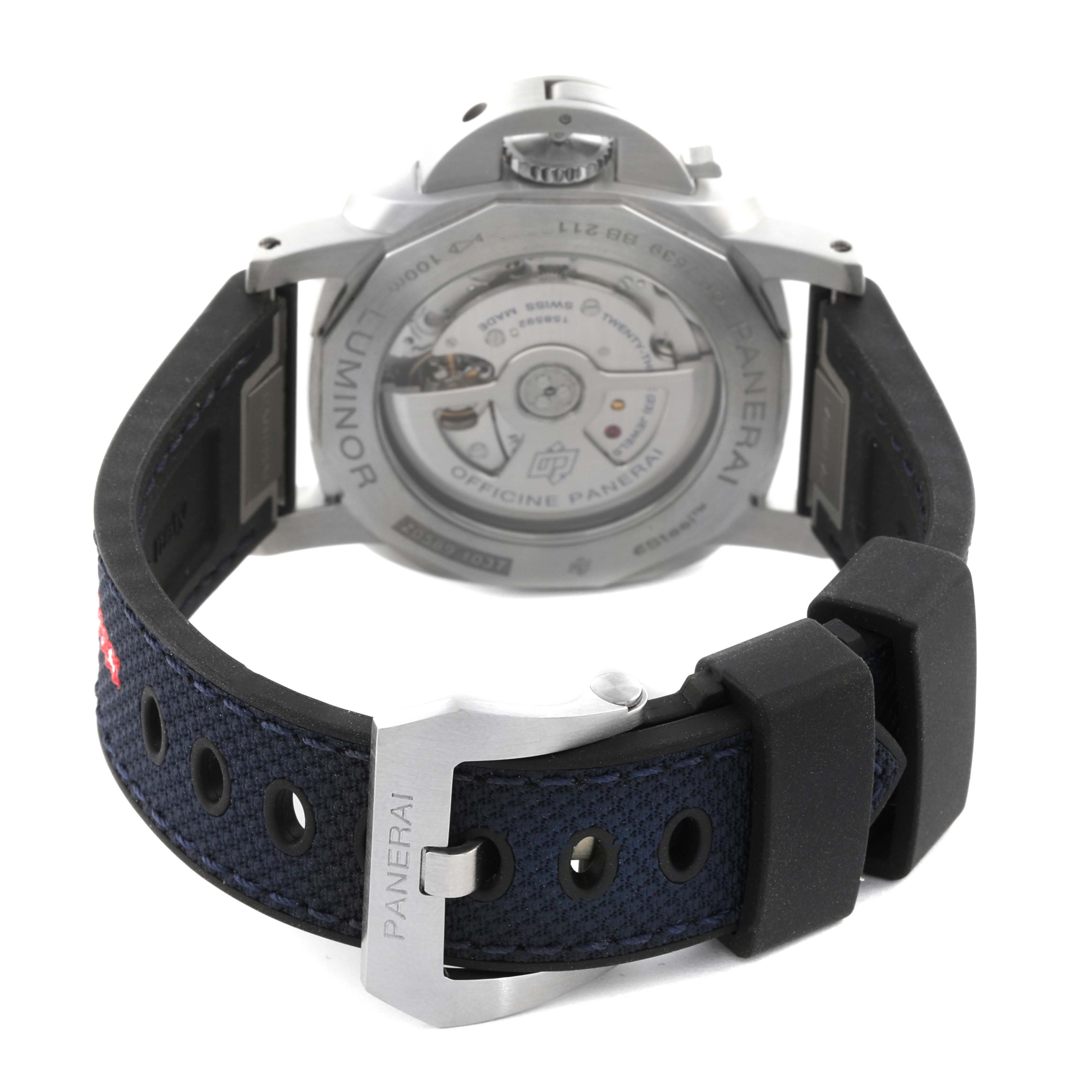 The image shows the back view of a Panerai Luminor PAM01404 Men's Stainless Steel Blue Dial PAM01404 Men's Stainless Steel Blue Dial watch, featuring the open case back and strap with a buckle.