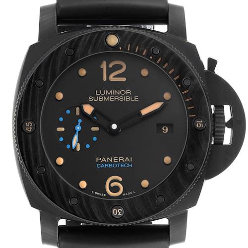 The Panerai Luminor Submersible watch is shown from the front, highlighting its dial, hands, and crown guard.