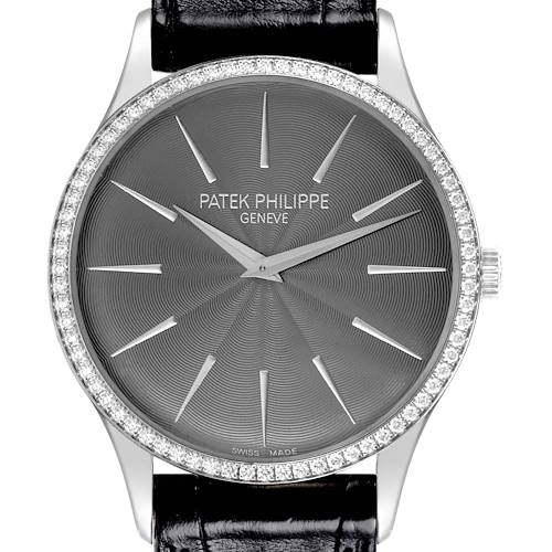 The Patek Philippe Calatrava 4897G-010 Women's White Gold Grey Dial 4897G-010 Women's White Gold Grey Dial watch is shown from the front, highlighting the bezel, dial, and leather strap.