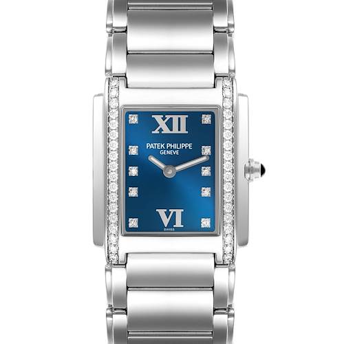 The Patek Philippe Twenty-4 4910/10 Women's Stainless Steel Blue Dial 4910/10 Women's Stainless Steel Blue Dial watch is shown from the front, displaying its rectangular blue dial and diamond-accented case and bracelet.