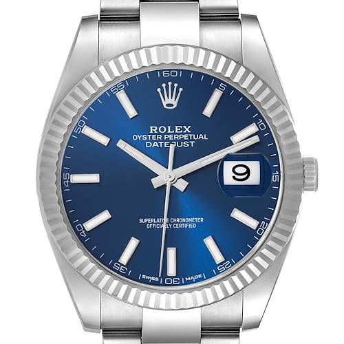 The Rolex Datejust 41 126334 Men's Stainless Steel Blue Dial 126334 Men's Stainless Steel Blue Dial is shown front-facing, highlighting the blue dial, fluted bezel, and the Cyclops date window.