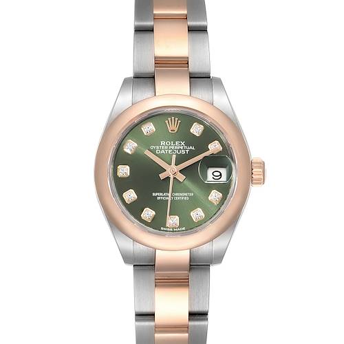 The Rolex Datejust 279161 Women's Steel and Gold (two tone) Green Dial 279161 Women's Steel and Gold (two tone) Green Dial watch is shown from a front angle, highlighting its dual-tone bracelet, green dial, and date window.