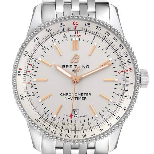 The Breitling Navitimer A17326 Men's Stainless Steel Silver Dial A17326 Men's Stainless Steel Silver Dial watch is shown from the front, displaying its dial, bezel, and part of the bracelet.