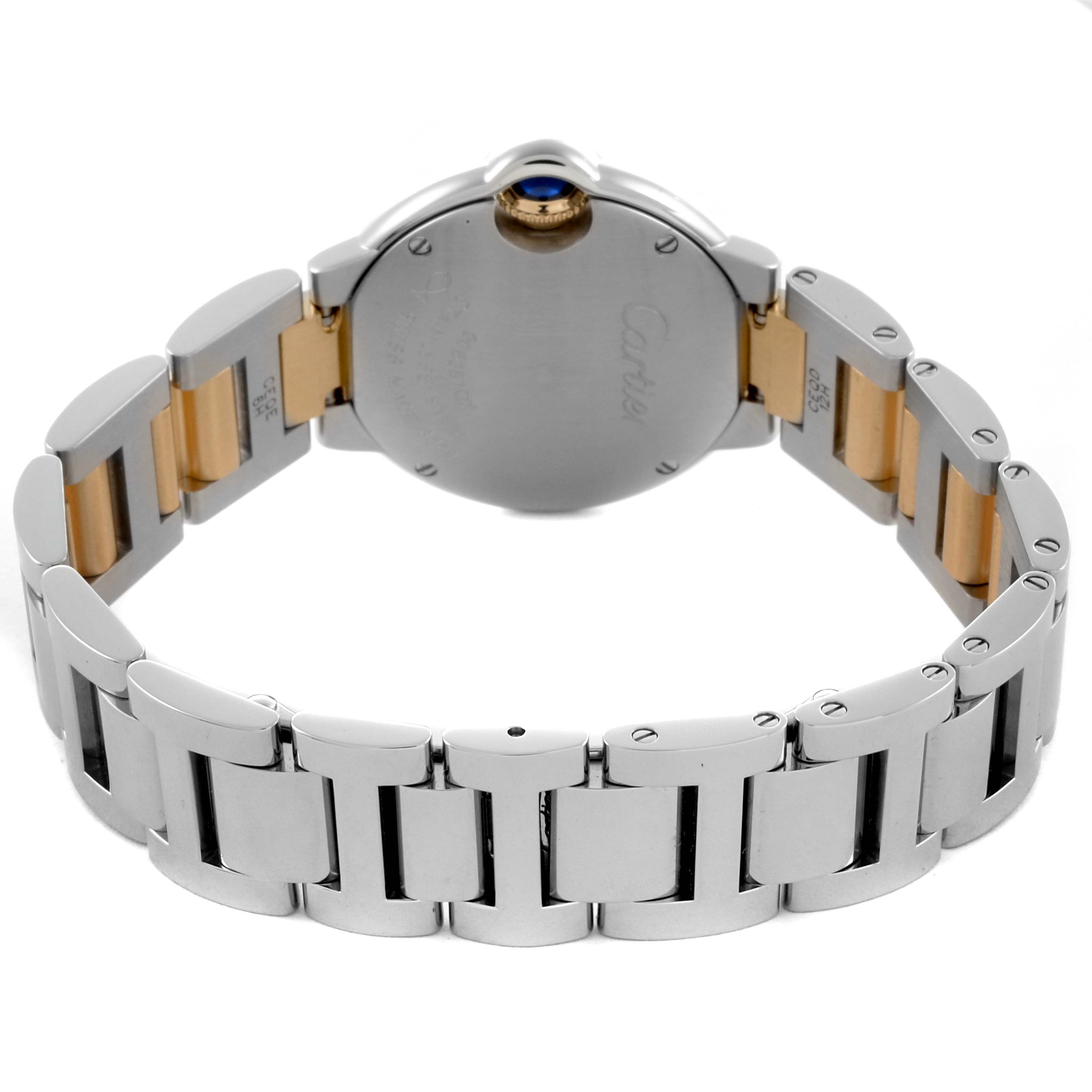 The Cartier Ballon Bleu W69007Z3 Women's Steel and Gold (two tone) Silver Dial W69007Z3 Women's Steel and Gold (two tone) Silver Dial watch is shown from the back, highlighting the bracelet and case back.