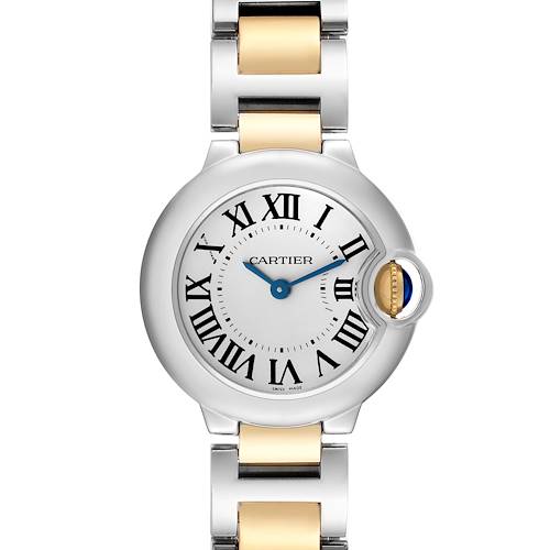 The Cartier Ballon Bleu W69007Z3 Women's Steel and Gold (two tone) Silver Dial W69007Z3 Women's Steel and Gold (two tone) Silver Dial watch is shown from the front, highlighting its dial, bracelet, and signature crown.
