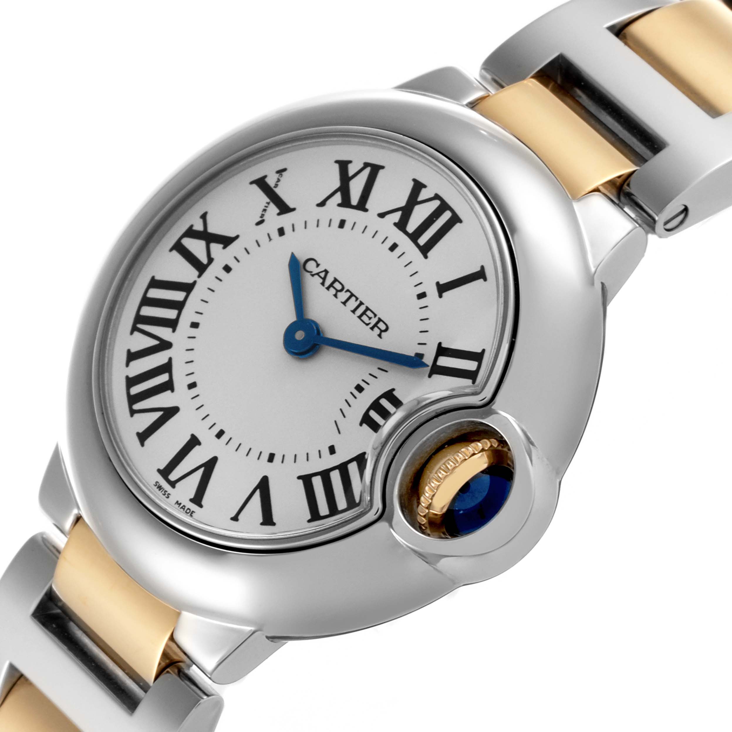 The Cartier Ballon Bleu W69007Z3 Women's Steel and Gold (two tone) Silver Dial W69007Z3 Women's Steel and Gold (two tone) Silver Dial watch is shown at an angled view highlighting the dial, crown, and part of the bracelet.
