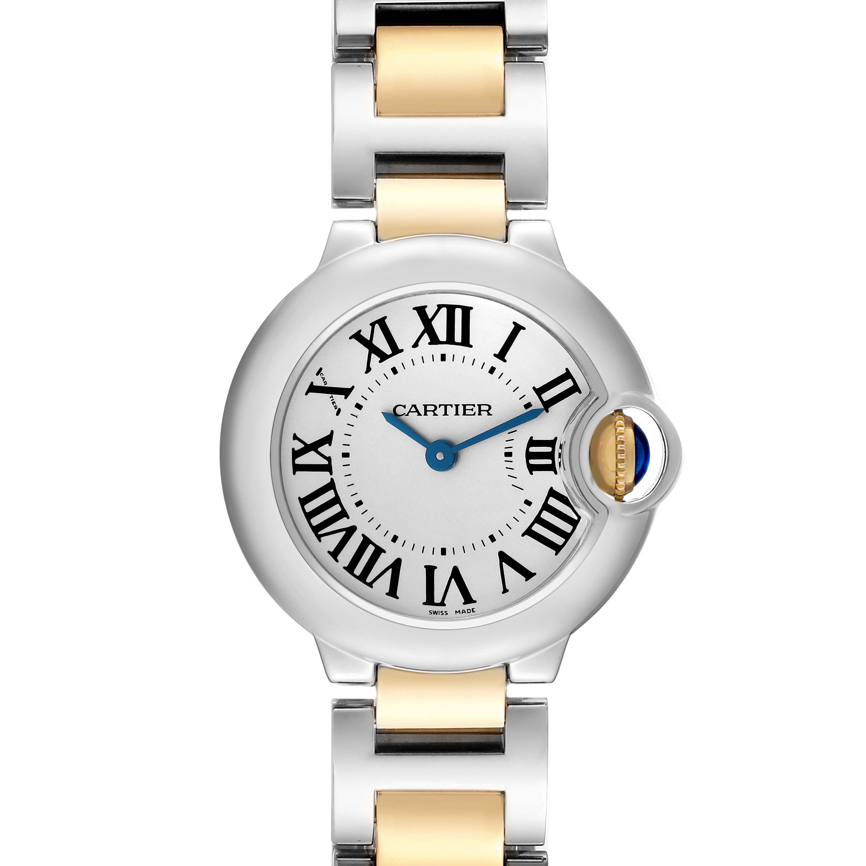 The Cartier Ballon Bleu W69007Z3 Women's Steel and Gold (two tone) Silver Dial W69007Z3 Women's Steel and Gold (two tone) Silver Dial watch is shown from the front, highlighting its face, crown, and part of the two-tone bracelet.