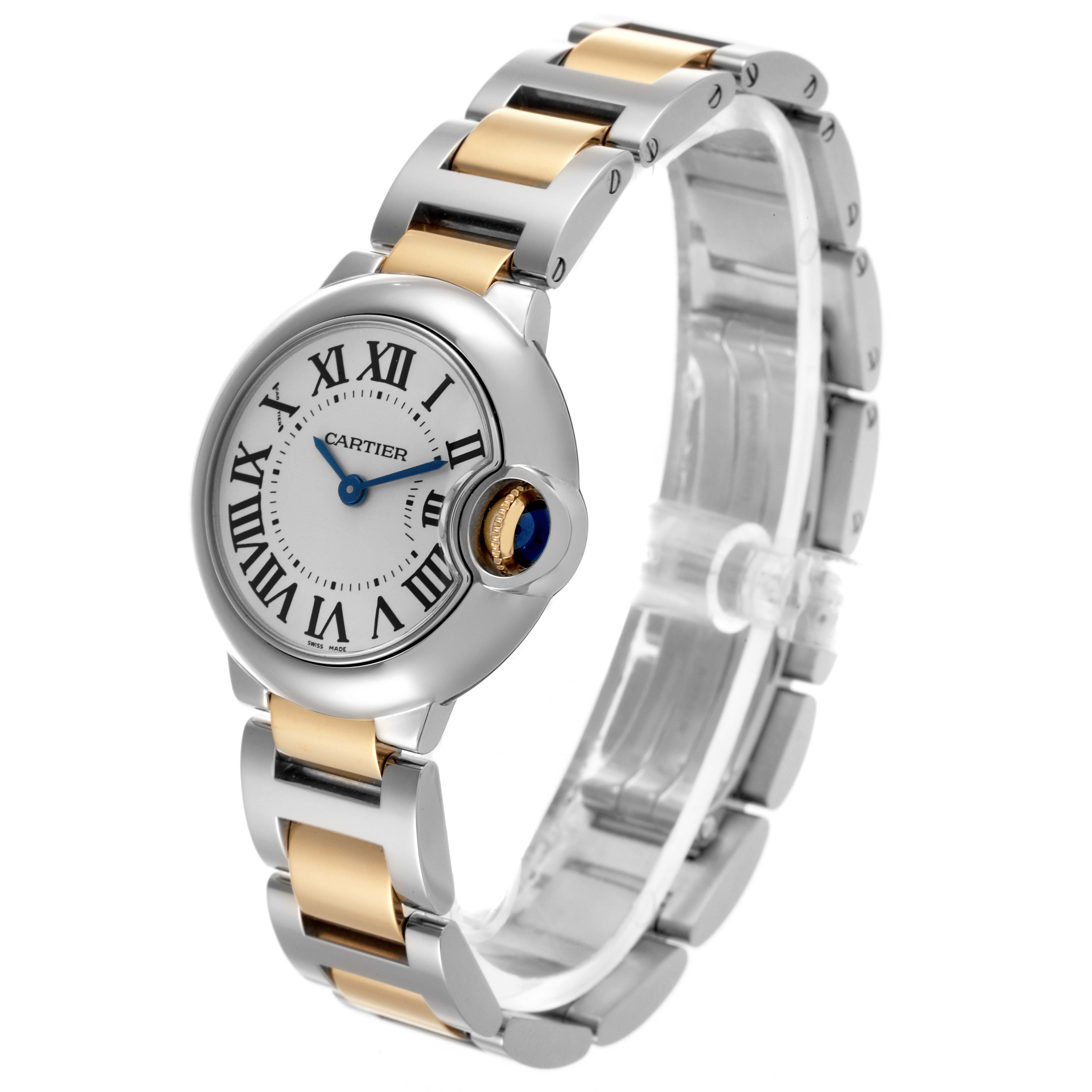 The Cartier Ballon Bleu W69007Z3 Women's Steel and Gold (two tone) Silver Dial W69007Z3 Women's Steel and Gold (two tone) Silver Dial watch is shown at an angled view, highlighting its two-tone bracelet and sapphire cabochon crown.