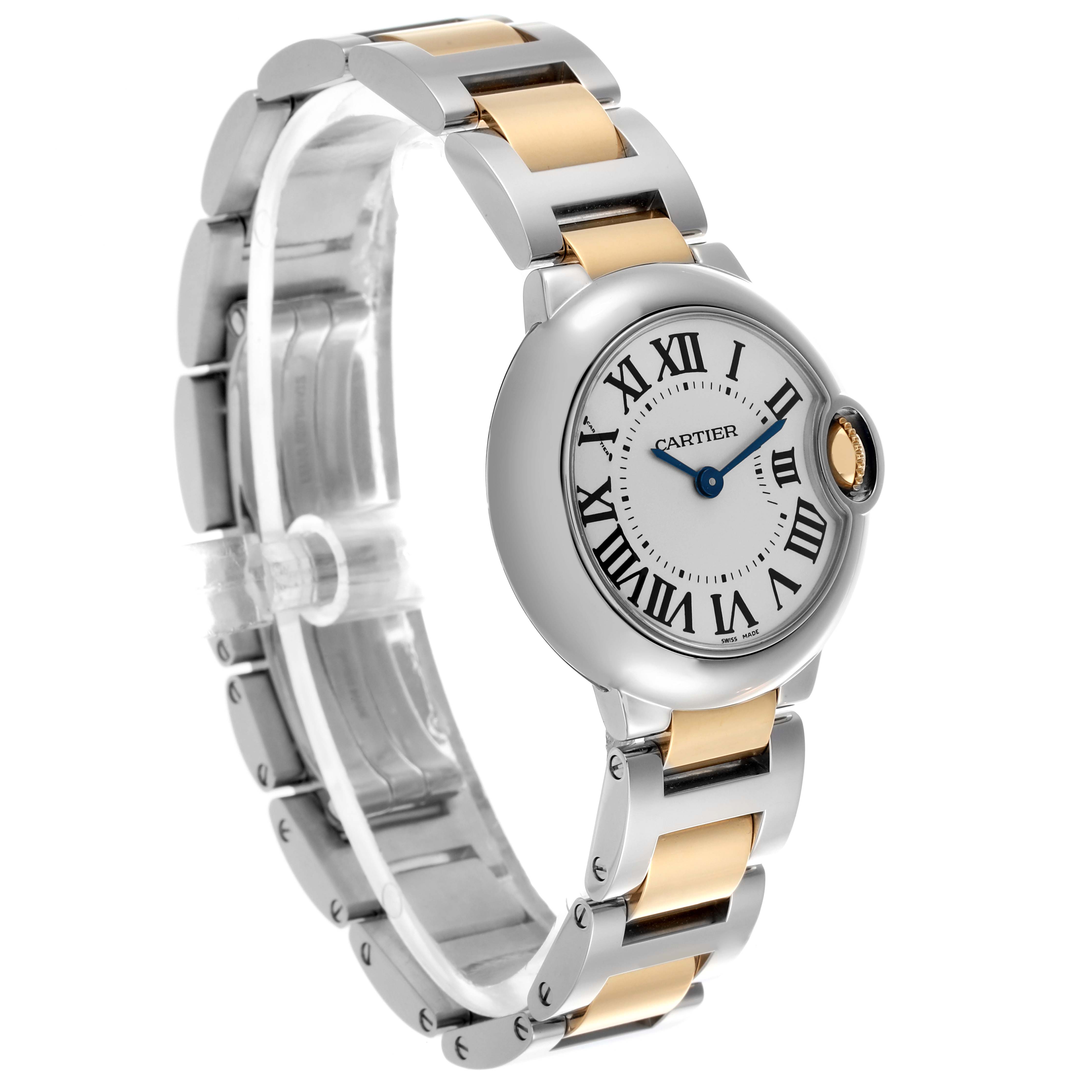The Cartier Ballon Bleu W69007Z3 Women's Steel and Gold (two tone) Silver Dial W69007Z3 Women's Steel and Gold (two tone) Silver Dial watch is shown at a three-quarter angle, highlighting the face, Roman numerals, and bi-metal bracelet.