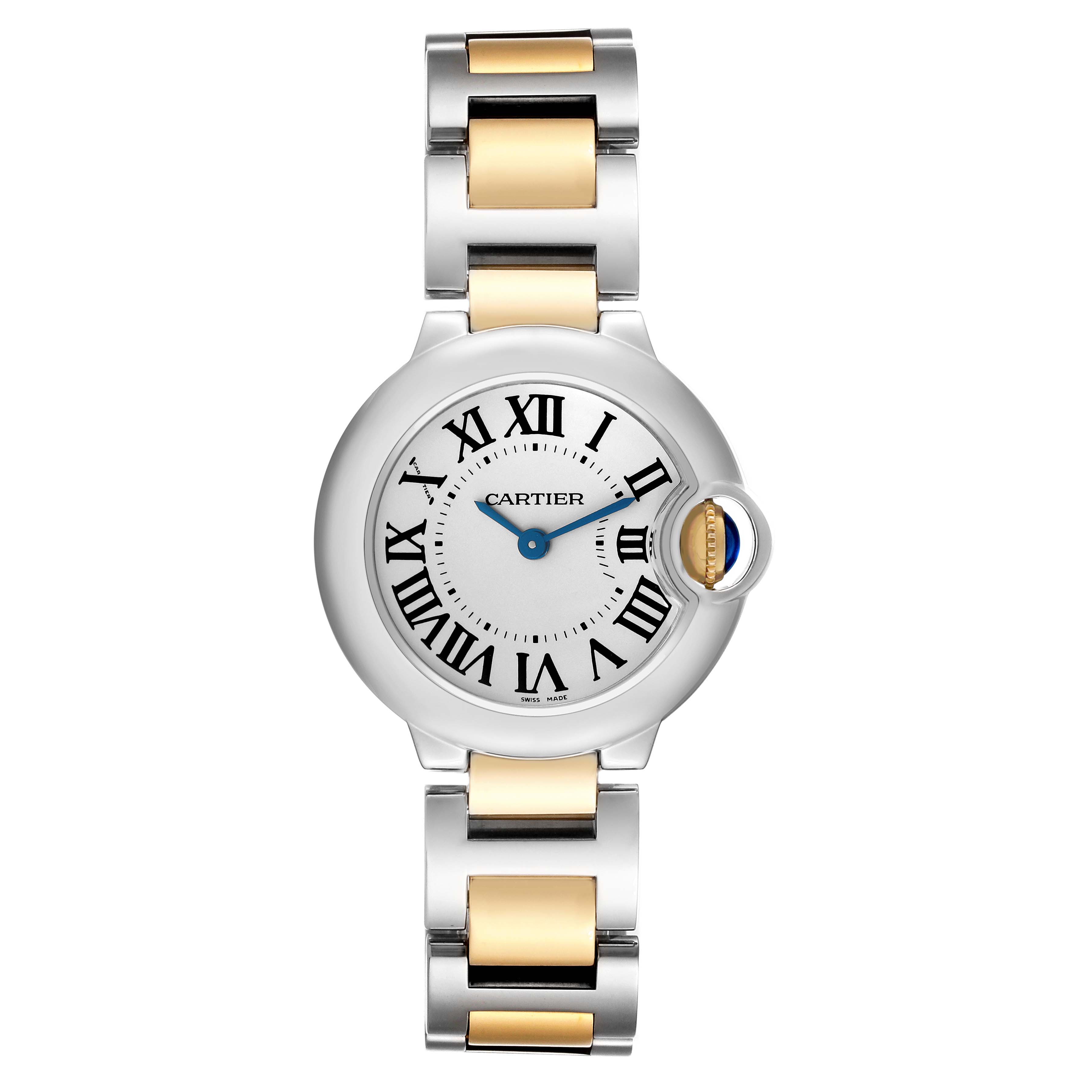 The Cartier Ballon Bleu W69007Z3 Women's Steel and Gold (two tone) Silver Dial W69007Z3 Women's Steel and Gold (two tone) Silver Dial watch is shown from a top-down angle, displaying its face and dual-tone bracelet.