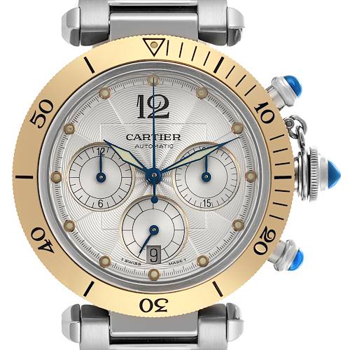The Cartier Pasha W31036T6 Men's Steel and Gold (two tone) Silver Dial W31036T6 Men's Steel and Gold (two tone) Silver Dial watch is shown from the front, highlighting its face, bezel, and blue cabochon crown.