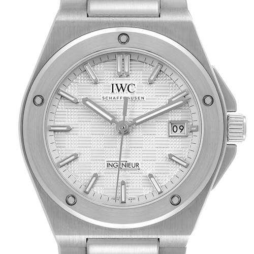 The IWC Ingenieur IW328902 Men's Stainless Steel Silver Dial IW328902 Men's Stainless Steel Silver Dial watch is shown from a front view displaying the entire dial, bezel, and part of the bracelet.