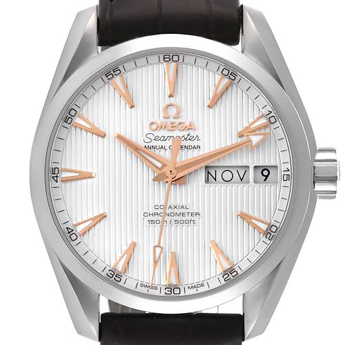 The image shows a front view of the Omega Aqua Terra 231.13.39.22.02.001 Men's Stainless Steel Silver Dial 231.13.39.22.02.001 Men's Stainless Steel Silver Dial model, highlighting its dial, hands, date display, and bezel.