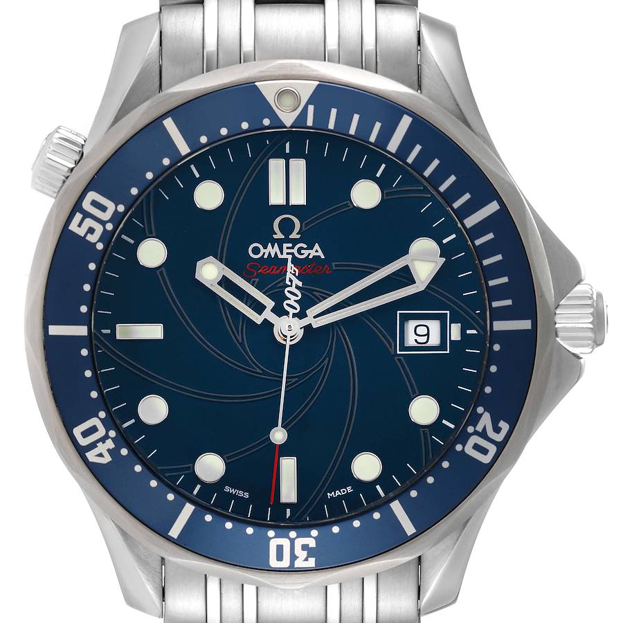 The Omega Seamaster 2226.80.00 Men's Stainless Steel Blue Dial 2226.80.00 Men's Stainless Steel Blue Dial watch is shown from a front angle, displaying its face, bezel, and part of the bracelet.