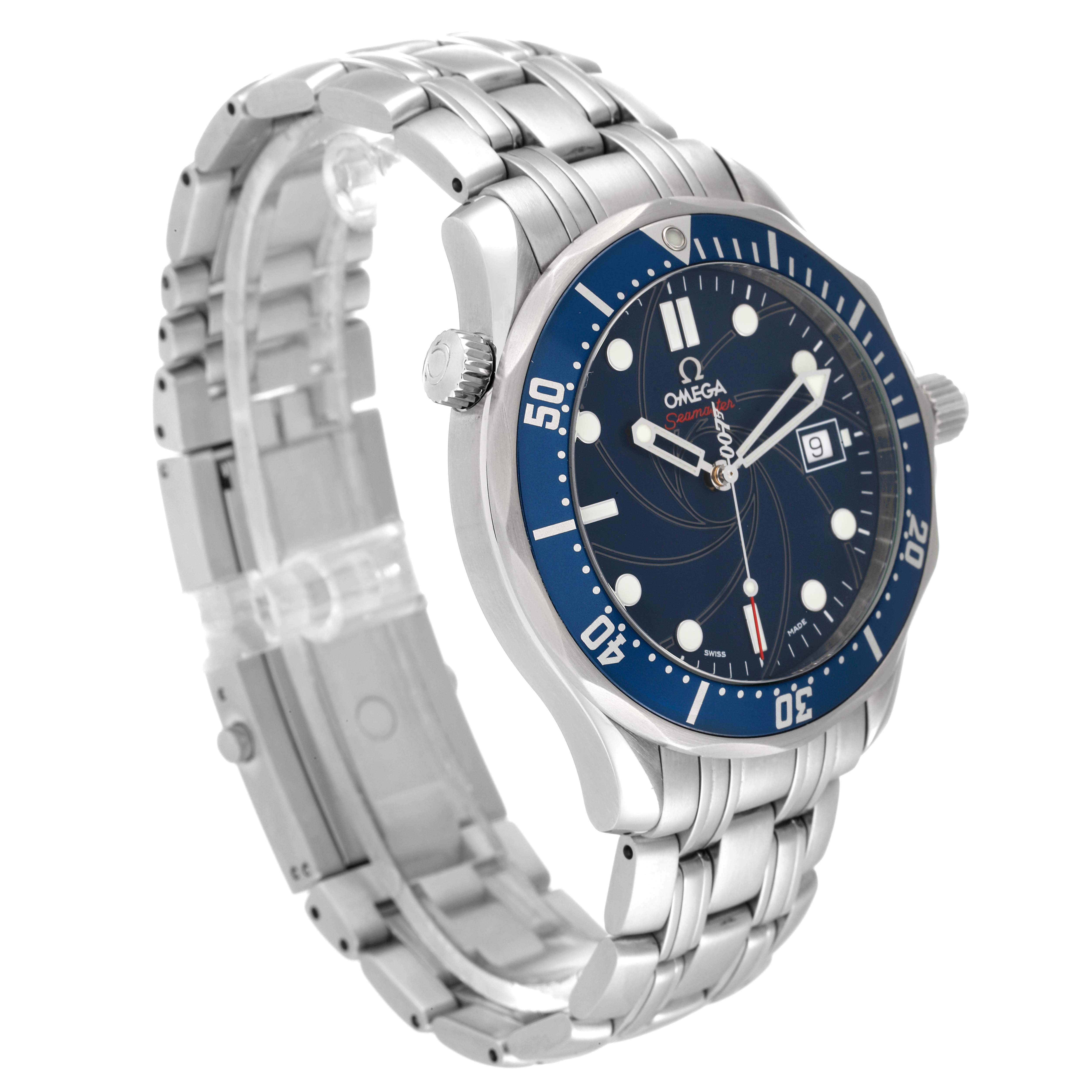 The image shows a side-angle view of an Omega Seamaster 2226.80.00 Men's Stainless Steel Blue Dial 2226.80.00 Men's Stainless Steel Blue Dial watch, highlighting its blue bezel, dial, stainless steel bracelet, and crown.