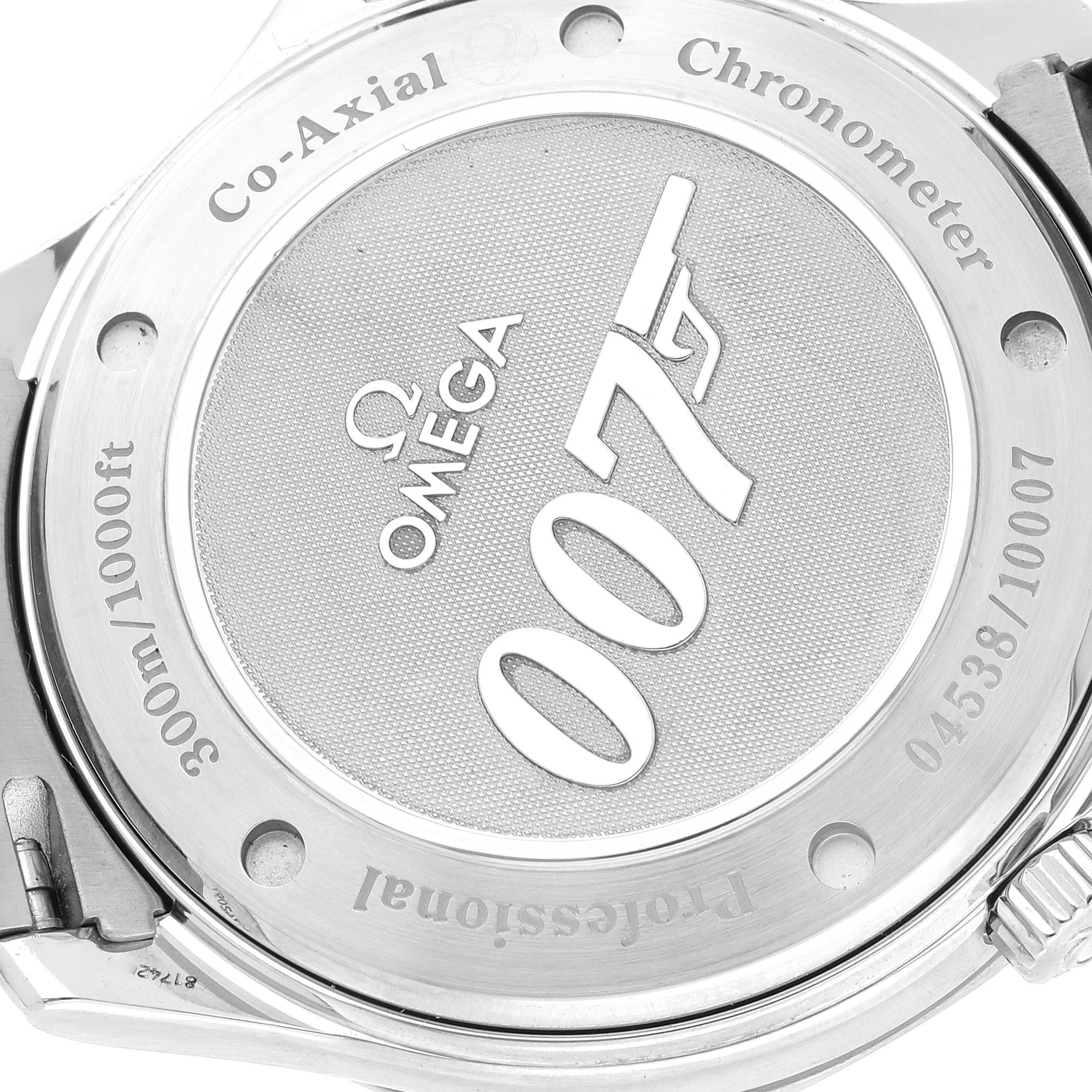 This image shows the back case of the Omega Seamaster 2226.80.00 Men's Stainless Steel Blue Dial 2226.80.00 Men's Stainless Steel Blue Dial watch featuring the 007 logo.