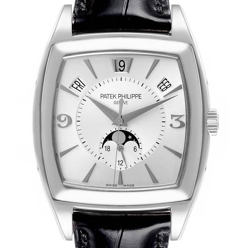 The Patek Philippe Gondolo 5135G-001 Men's White Gold Silver Dial 5135G-001 Men's White Gold Silver Dial watch is shown from the front, displaying the dial, calendar windows, and moon phase.