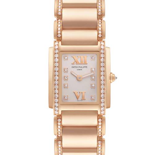 The image shows a frontal view of the Patek Philippe Twenty-4 4908/30R-011 Women's Rose Gold Silver Dial 4908/30R-011 Women's Rose Gold Silver Dial watch, highlighting its dial, case, and bracelet.
