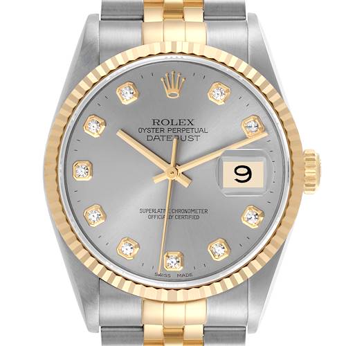 The Rolex Datejust 16233 Men's Steel and Gold (two tone) Silver Dial 16233 Men's Steel and Gold (two tone) Silver Dial watch is shown from a front angle, displaying the dial, bezel, date, crown, and part of the bracelet.