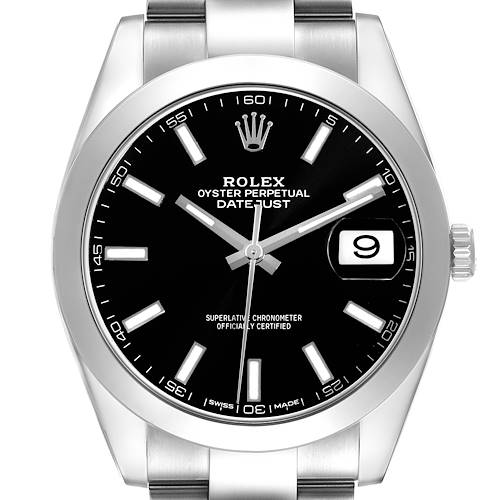 The Rolex Datejust 41 126300 Men's Stainless Steel Black Dial 126300 Men's Stainless Steel Black Dial is shown from a front angle, displaying the full black dial, hands, and date window.