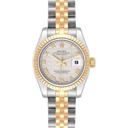 This image shows a Rolex Datejust 179173 Women's Steel and Gold (two tone) Beige Dial 179173 Women's Steel and Gold (two tone) Beige Dial watch from a top-down angle, featuring its bezel, dial, and two-tone bracelet.